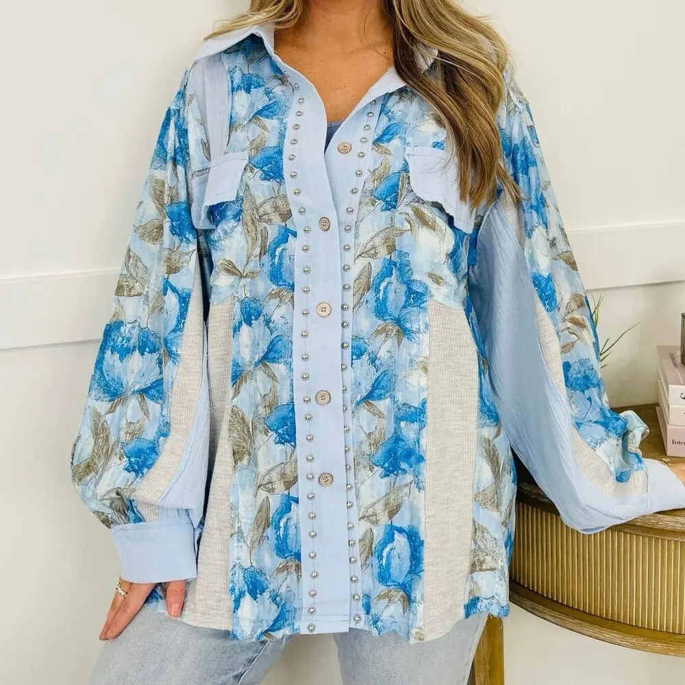 POL Patchwork Blossoms Top In Blue - Picture 3 of 5